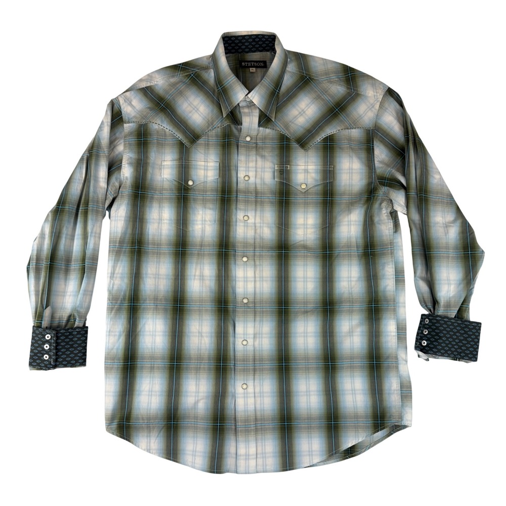 Stetson Western Snap Shirt Mens XL Green Blue Plaid Ombre Pearl Snap 11-001-0478
